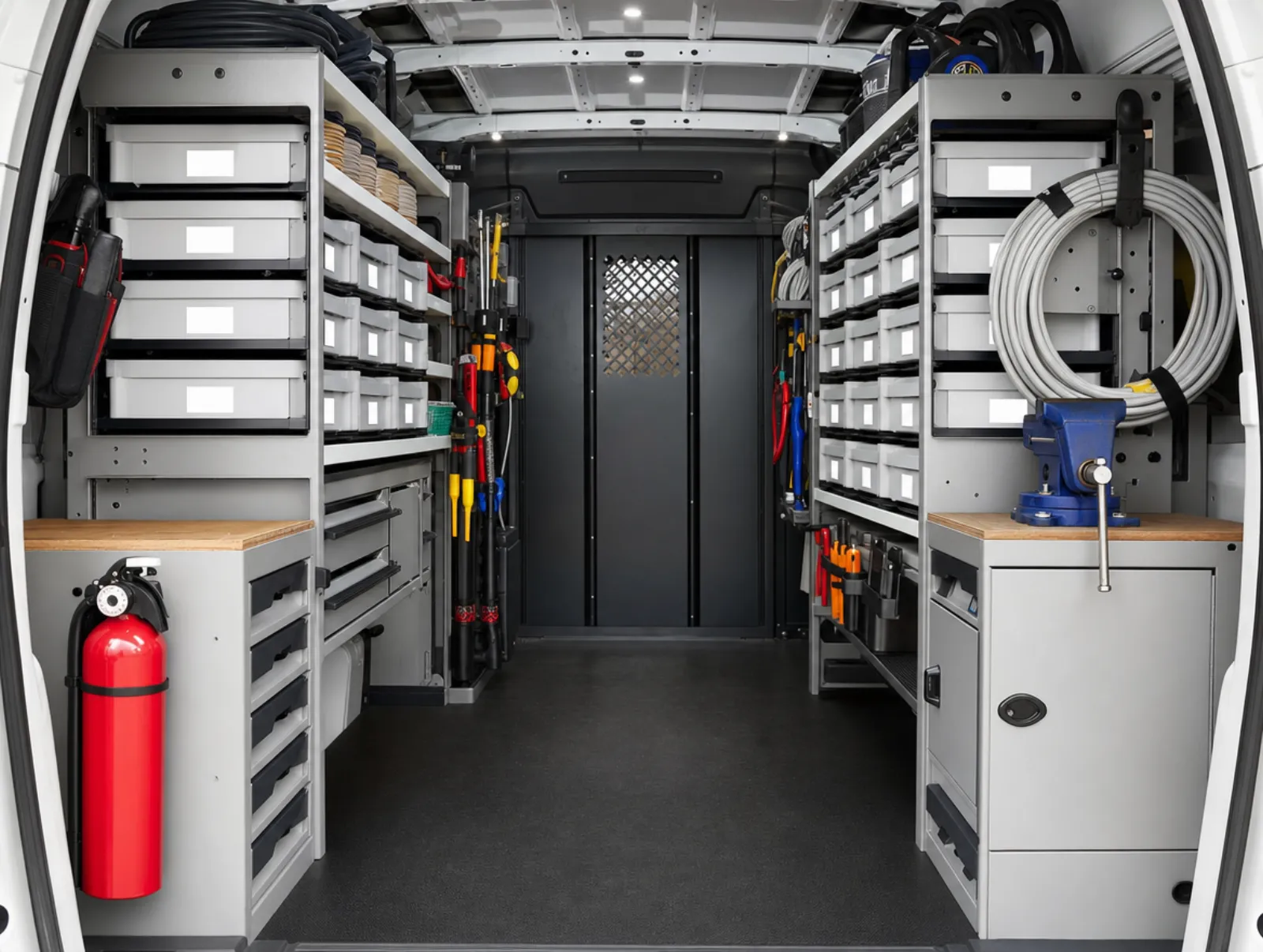 The Hartwell & Sons work van, shelves stocked and organized