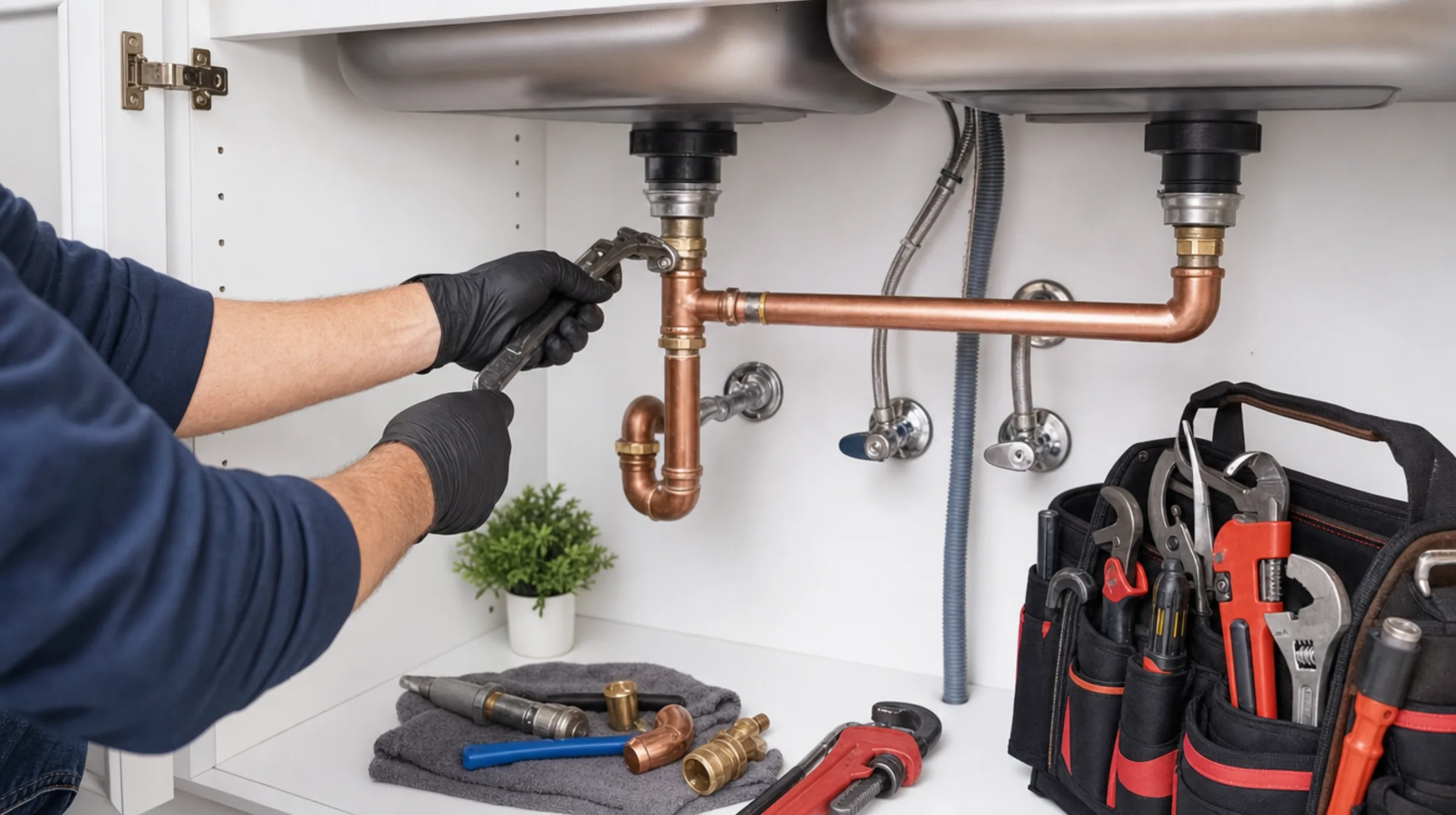 A plumber's hands making a clean repair under a kitchen sink