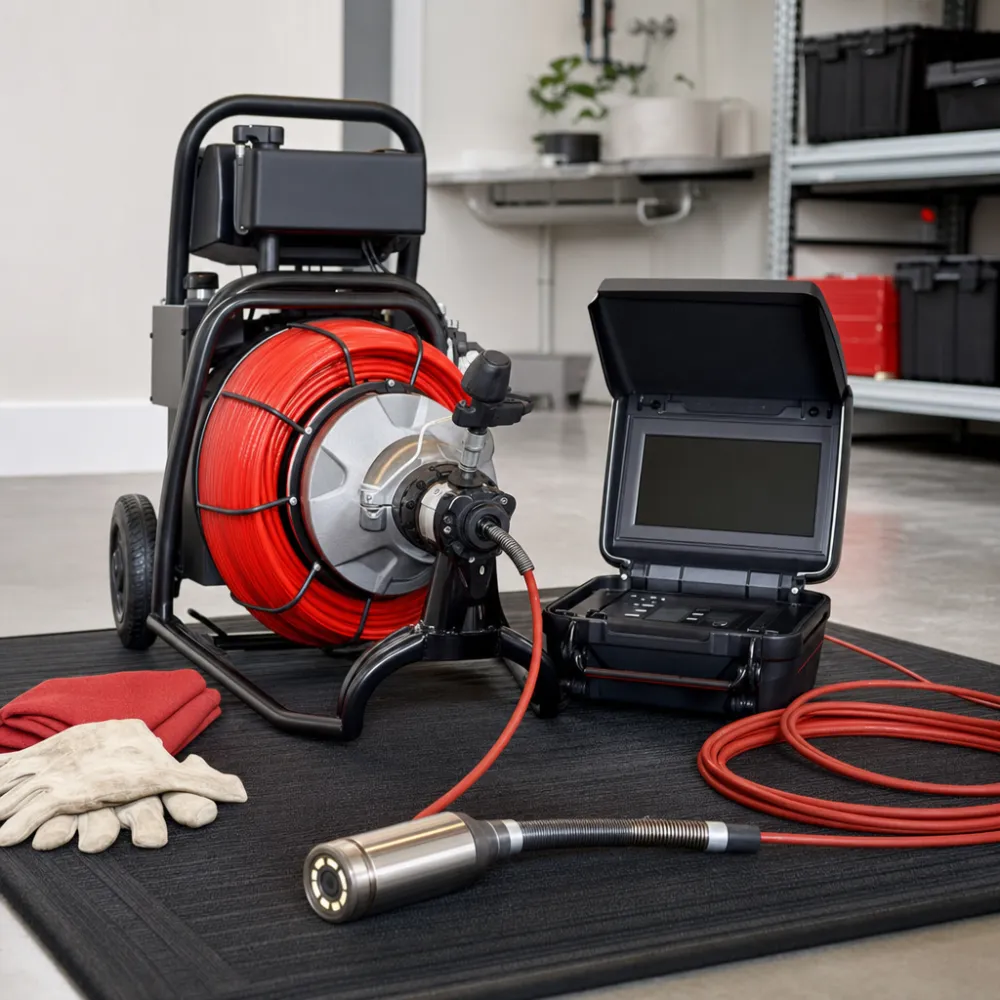 Drain cleaning machine and camera inspection gear staged for a job