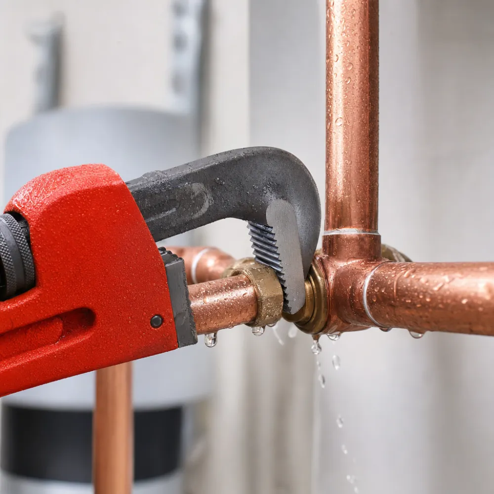 A pipe wrench tightening a copper fitting during an emergency repair