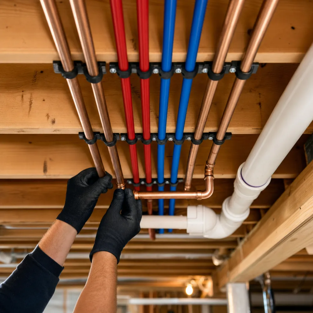 Neat new supply lines run through open framing during a repipe