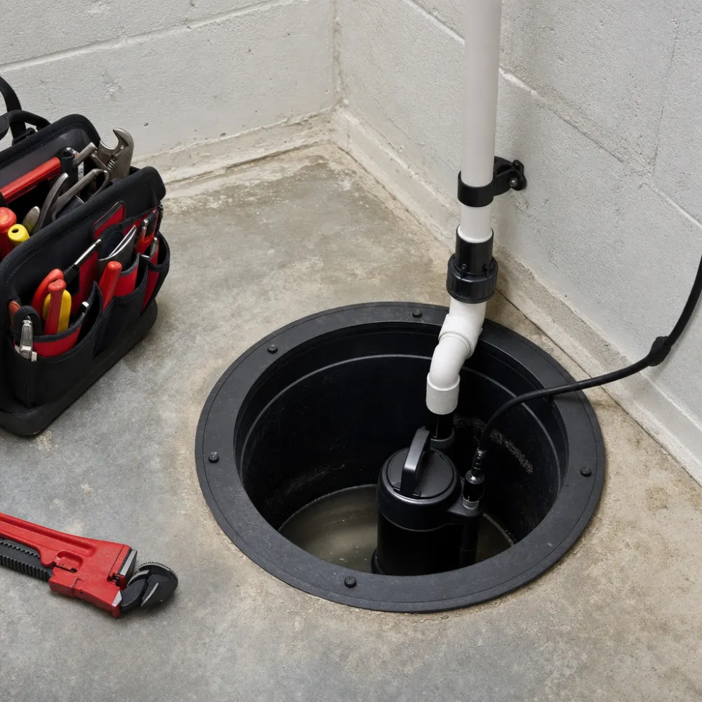 A new sump pump seated in a clean basement sump pit