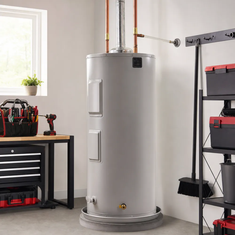 A cleanly installed water heater in a tidy utility room